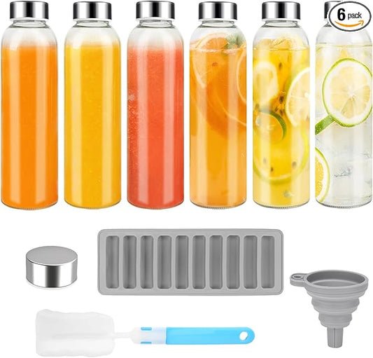 Glass Juice Bottles with Lids for Juicing 24 oz, Reusable Clear Glass Water Bottles with Stainless Steel Airtight Cap for Refrigerator, 100% Leak Proof, BPA Free, ECO Friendly, Set of 6