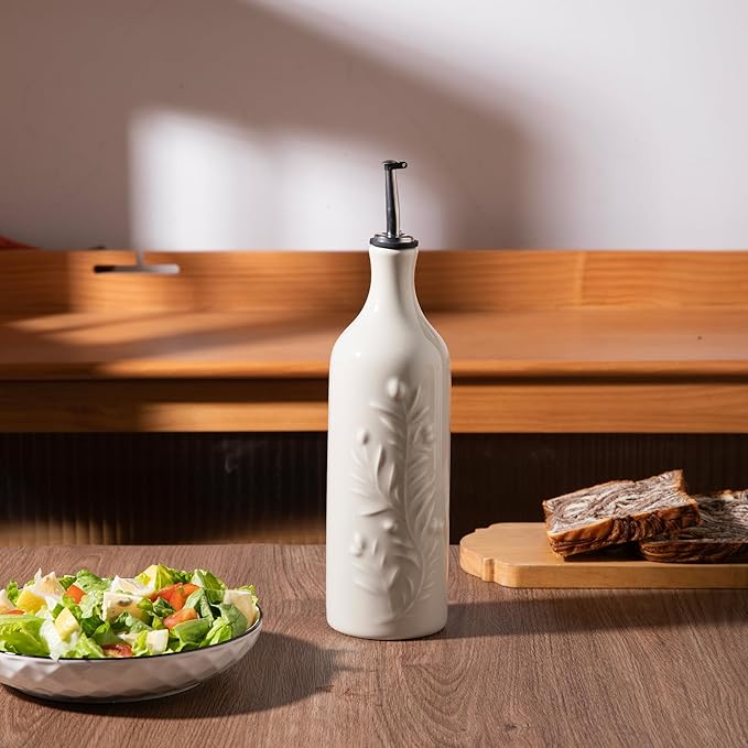 Sweejar Large Olive Oil Dispenser Bottle with Spout, 24 Oz Ceramic Oil Dispenser for Kitchen, Relief Opaque Oil Cruet, Oil Container for Cooking, EVOO, Avocado Oil, Vinegar, Pack of 1 (Beige)