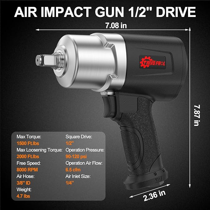Air Impact Wrench 1/2" - 1/2 Inch Impact Gun 1/2 Drive, 1500Ft-lbs, 8000RPM High Torque Impact Wrench, Weight 4.74 lb, 1/2 Air Impact Gun for Auto Repair, Tire Shop