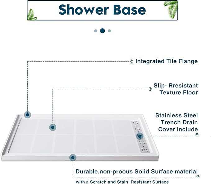 ELEGANT 48'' L x 32'' W x 4'' H Shower Base Pan in White Right Drain Non-Slip Stainless Steel Shower Drain Cover Included