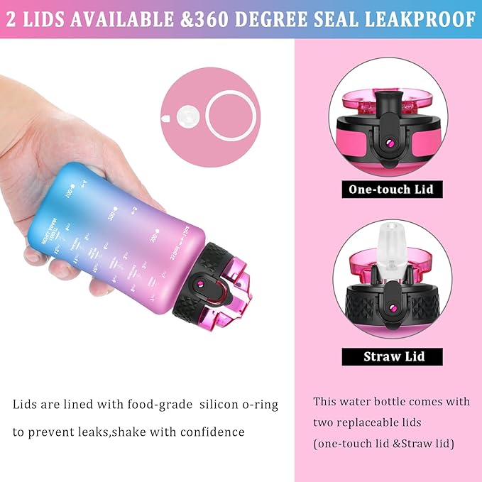 GOPPUS Kids Water Bottle with Straw Spout Lid 10pcs Stickers 12 oz Leak-proof BPA Free Motivational Time Marker Tritan Plastic Water Bottles for Girls Boys School Sports