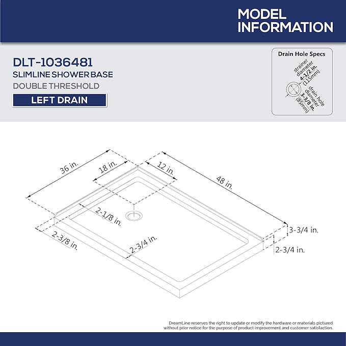 DreamLine SlimLine 36 in. D x 48 in. W x 2 3/4 in. H Left Drain Double Threshold Shower Base in Biscuit, DLT-1036481-22