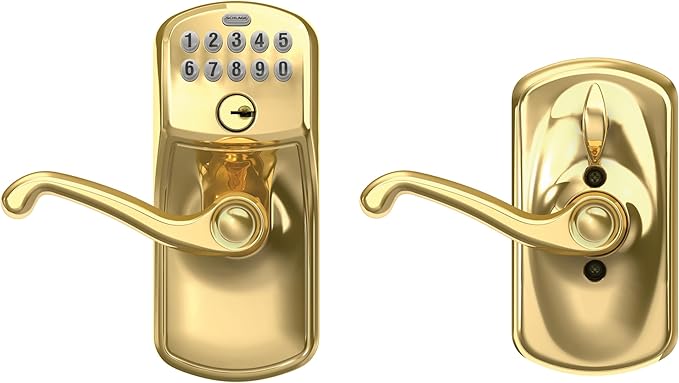 SCHLAGE FE595 PLY 505 FLA Plymouth Keypad Entry with Flex-Lock and Flair Style Levers, Bright Brass