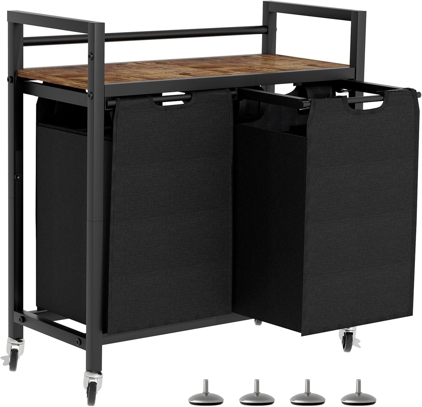 Laundry Hamper, Laundry Basket, Laundry Sorter with 2 Removable Bags, Clothes Basket with 2 Compartments, Wheels, Shelf for Laundry Room Bathroom Bedroom (2 Bags-Black)