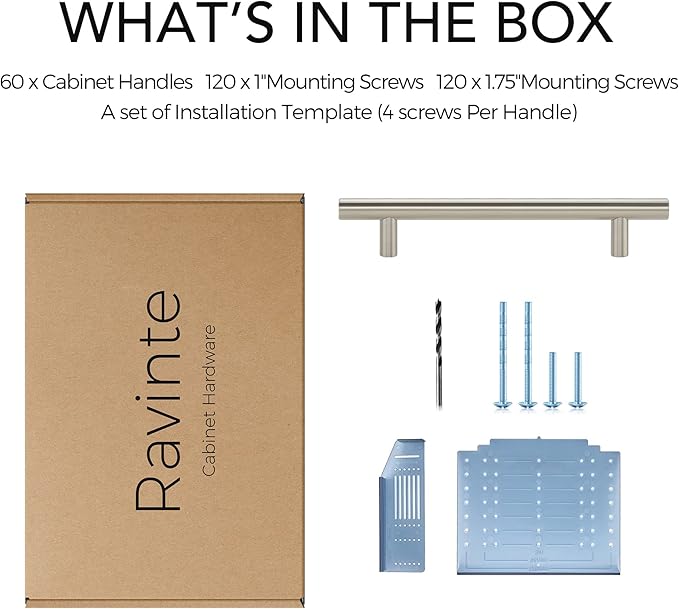 Ravinte 60 Pack | 7.38'' Cabinet Pulls Brushed Nickel Stainless Steel Kitchen Drawer Pulls Cabinet Handles 7-3/8”Length, 5” Hole Center with Mounting Template