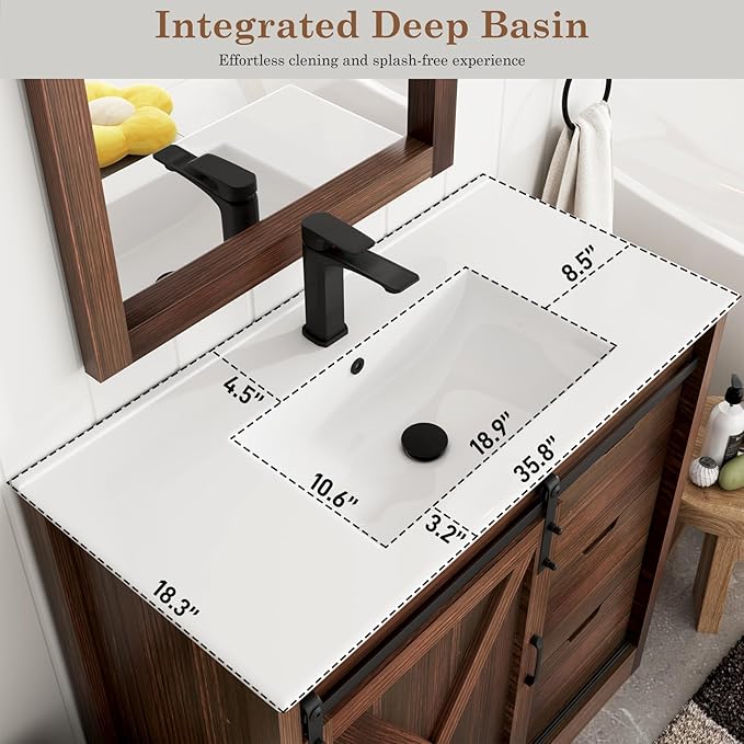 36 Inch Bathroom Vanity with Sink & Faucet & Mirror, Farmhouse Bathroom Vanity Cabinet Set with Sliding Barn Door & Drawers, Small Single Bath Storage Vanity Sink, Brown