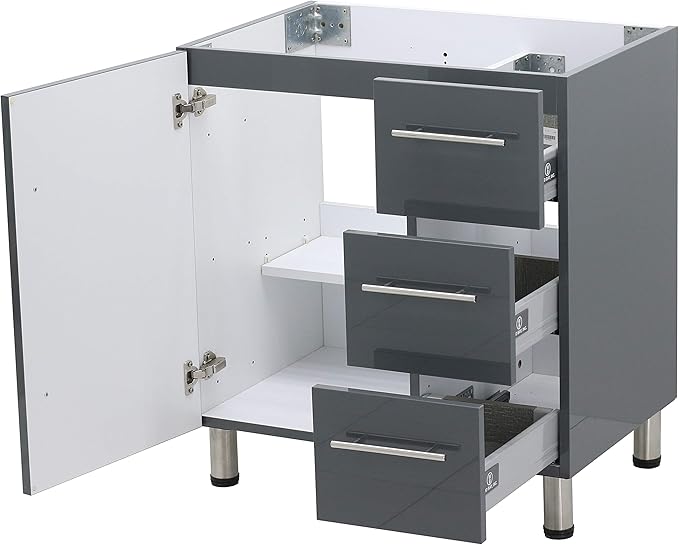 30" Freestanding Bathroom Vanity, High Gloss Dark Grey. White Integrated Countertop