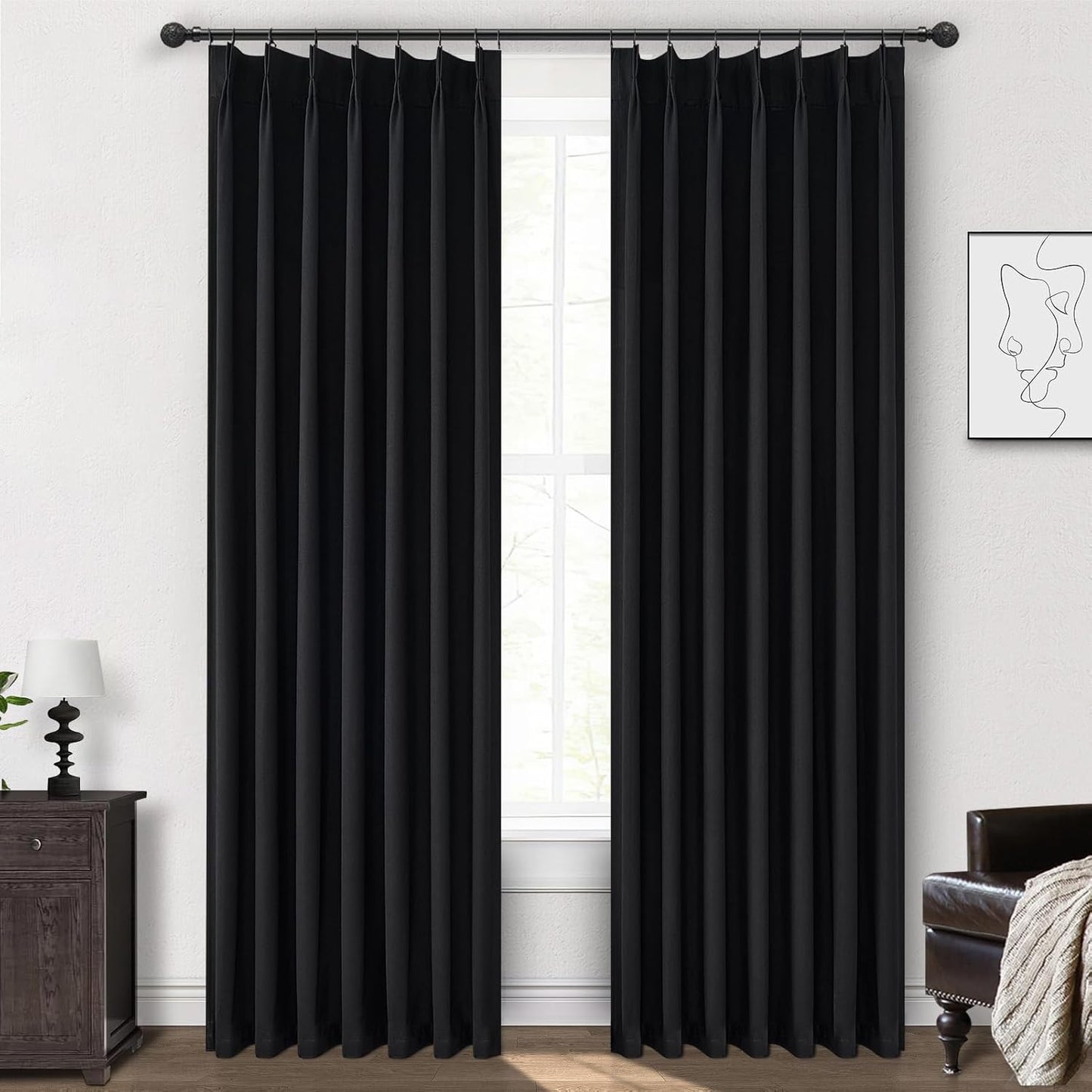 Unique Pinch Pleated Black Blackout Curtains 86 Inches Long for Living Room, Textured Linen Room Divider Window Curtain with Hooks Back Tab 2 Panels Set Thermal Thick Drapes 40" W x 86" L Length