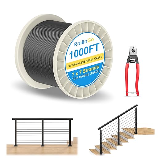 1000FT 1/8" Wire Rope with Cutter, 316 Stainless Steel Wire Cable for Deck Stair Railing, 7x7 Strands Marine Grade Aircraft Cable, 1850lbs Breaking Strength, Black Cable Railing Kits, RG10