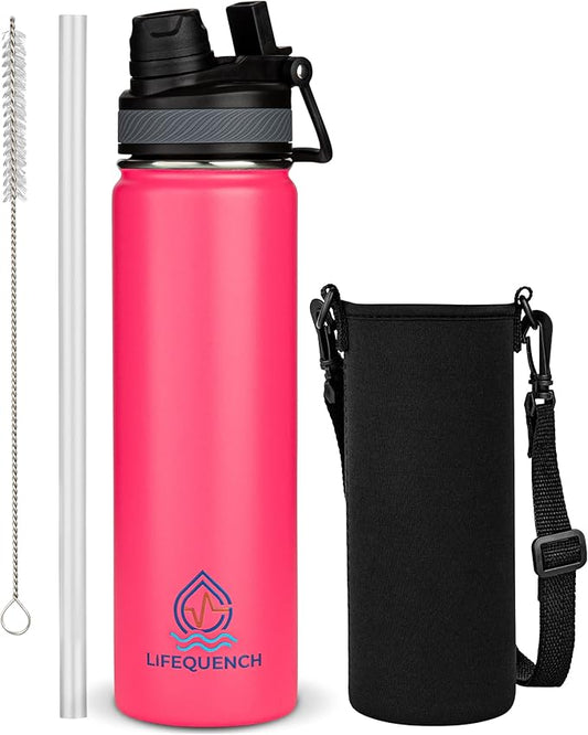 Insulated Water Bottle with Straw and Handle 22 oz-Stainless Steel Water Bottles with Straw, Dual Cap Function & Sleeve, Keeps Drinks Hot Up to 12 Hours & Cold Up to 24 Hours (Hot Pink)