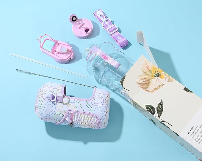 H2O Capsule 2.2L Half Gallon Water Bottle with Storage Sleeve and Removable Straw – BPA Free Large Reusable Drink Container with Handle - Big Sports Jug, 2.2 Liter (74 Ounce), Purple Smiley