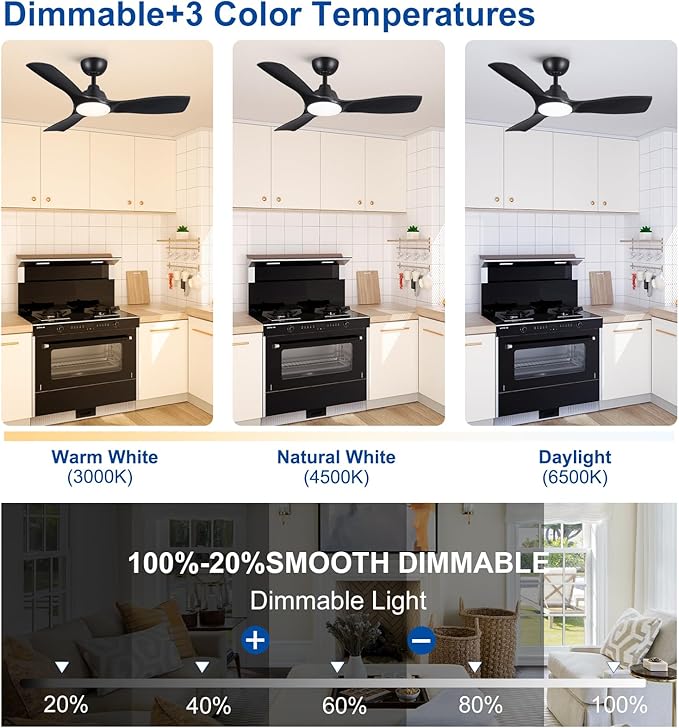 Sevenine Ceiling fan with light,Black Ceiling Fan,3 Blades,Downrod,6 speed adjustable,Dimmable LED,3 Timers,Reversible DC motor, For Patio Living Room Bedroom Dining Room (Black, 42Inch)