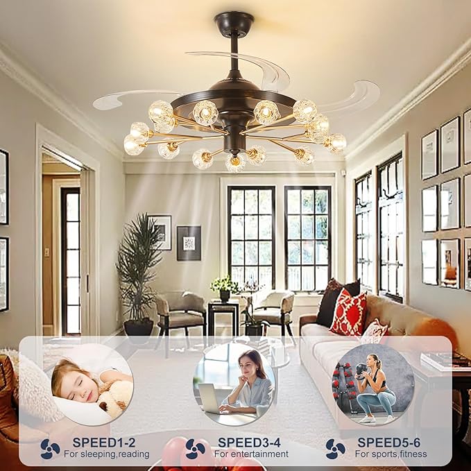 Sputnik Ceiling Fan with Light: Black Modern Chandelier with Fan for Indoor - Crystal 48" Fandelier with 15 Lights for Living Dining Room Kitchen - Retractable Ceiling Fan with Lights