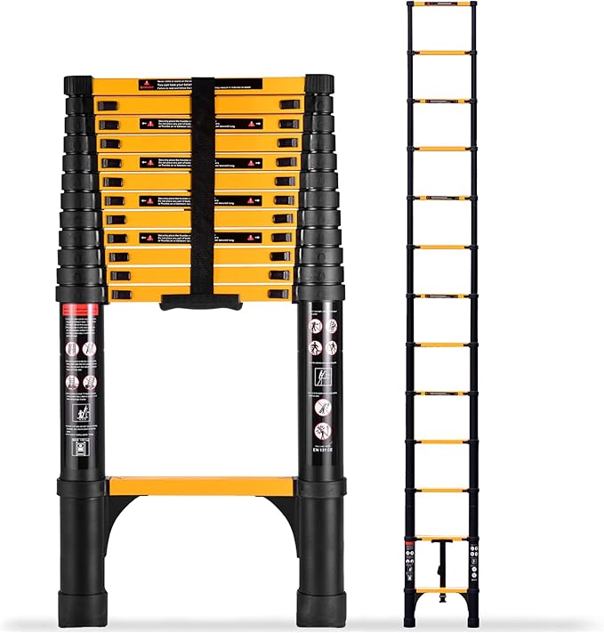 16.5 FT Telescoping Ladder, Aluminum Extension Ladder, 330 lbs Load Capacity, Multi-Purpose Collapsible Ladder for Home and Work; Yellow