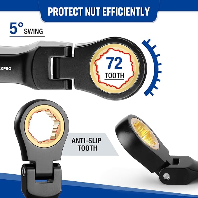 WORKPRO 8-Piece Stubby Anti-slip Ratcheting Combination Wrench Set, Metric 8-17 mm, 72-Teeth, CRV, Black Electrophoretic Coating, Flex-Head Wrench Set with Rolling Pouch