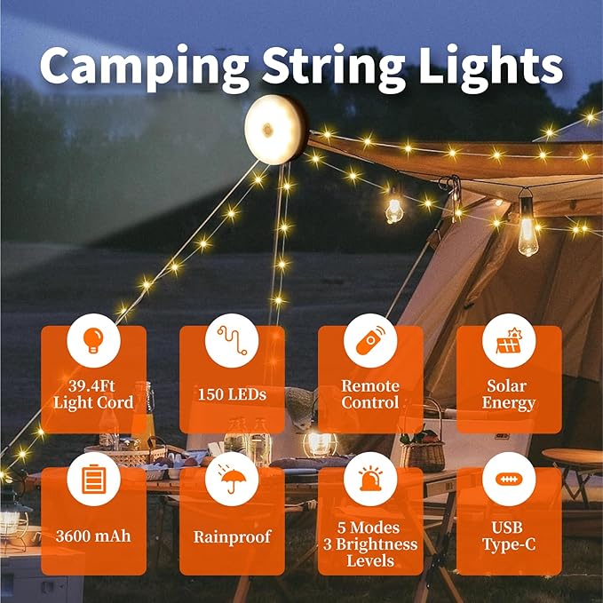 Solar Camping String Lights, 2 in 1 Solar Battery String Light Lantern Waterproof 39.4ft 8 Modes, Solar String Lights for Camping 3600mAh Rechargeable String Lights