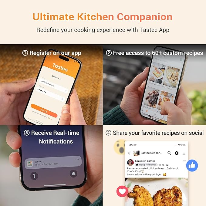 Tastee Ceramic Air Fryer, 8-in-1 Compact 5.5QT AirFryers, 450°F Digital Airfryer Dehydrator with Smart Probe, 24 Presets One-touch Cooking, In-app Recipes with Window, Dishwasher-safe & Non-stick