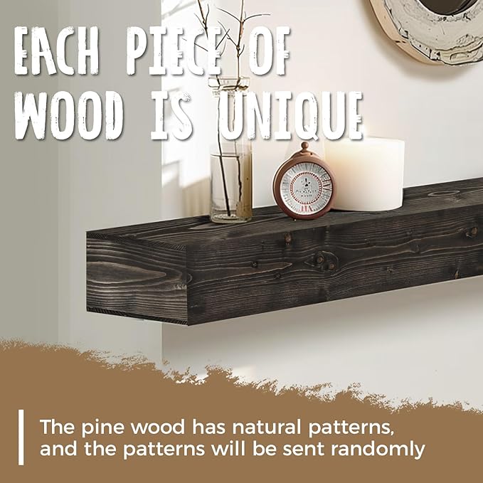 48x8x3 Fireplace Mantel - Handcrafted Hollow Rustic Solid Wood Wall Mounted Floating Shelf with Invisible Heavy Duty Wood Bracket (Weathered Black)