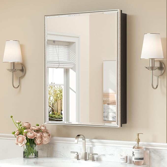 Keonjinn 24" x 30" Medicine Cabinets with Mirror for Bathroom, Brushed Nickel Recessed or Surface Wall-Mounted Aluminum Alloy Framed Beveled Mirror, Farmhouse Bathroom Mirror with Storage Cabinet