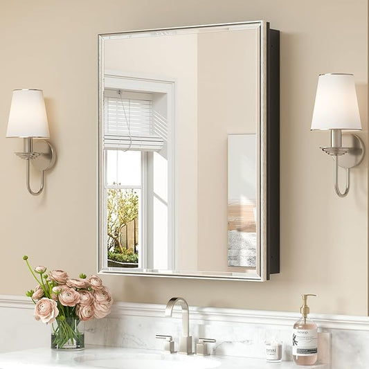Keonjinn 24" x 30" Medicine Cabinets with Mirror for Bathroom, Brushed Nickel Recessed or Surface Wall-Mounted Aluminum Alloy Framed Beveled Mirror, Farmhouse Bathroom Mirror with Storage Cabinet