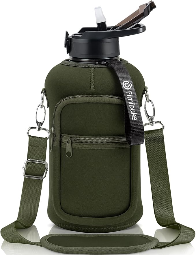 Fimibuke Half Gallon Water Bottle with Sleeve 64 OZ Water Bottle with Handle & Straw Leakproof Motivational Sports Gym Water Bottle with Time Marker BPA Free Water Jug with Reusable Neoprene Holder