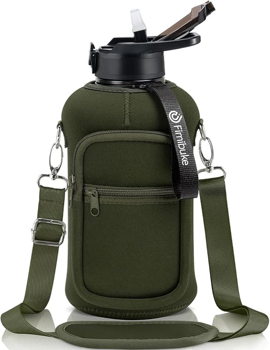 Fimibuke Half Gallon Water Bottle with Sleeve 64 OZ Water Bottle with Handle & Straw Leakproof Motivational Sports Gym Water Bottle with Time Marker BPA Free Water Jug with Reusable Neoprene Holder