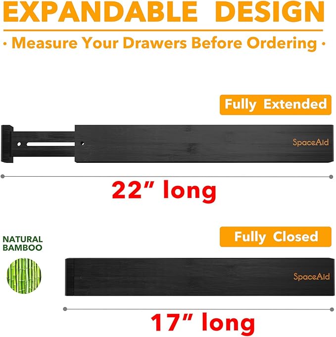 SpaceAid 4 Pack Bamboo Drawer Dividers with Labels, Kitchen Adjustable Drawer Organizers, Expandable Organization for Home Clothes Dressers (17-22 in, Black)