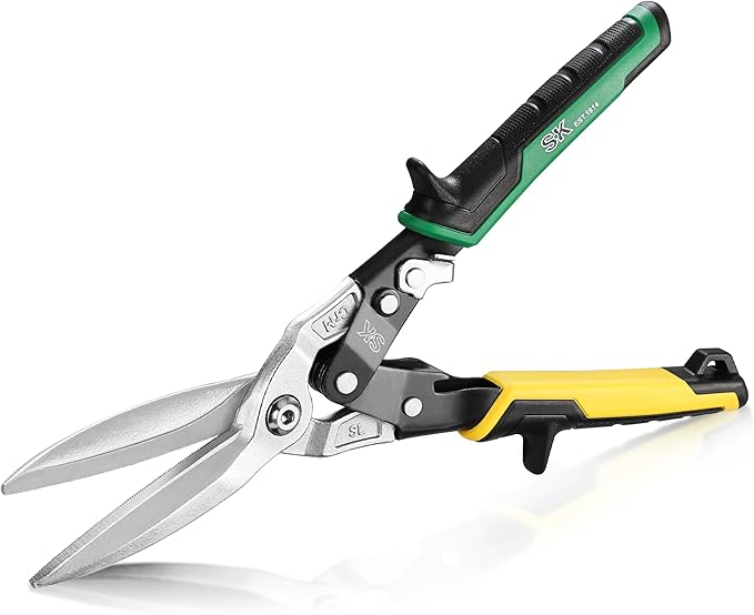 SK 11.5 Inch Aviation Tin Snips, Straight Cut, Cr-Mo Steel Blade, Anti-slip Handle and Safety Latch, for Cutting Sheet Metal