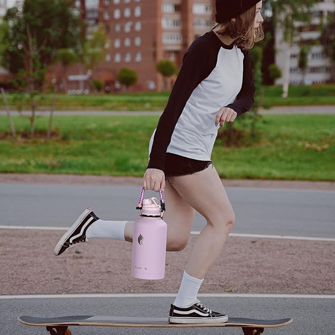 Insulated Water Bottle 64 oz, Double Walled Vaccum Stainless Steel Half Gallon Water Bottle with Straw and Handle, 2-in-1 (Straw & Spout) Water Flask Jug Lid for Gym and Outdoor Sports