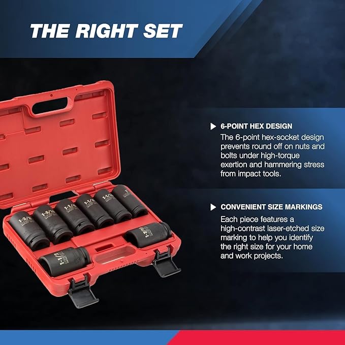 NEIKO 02461A 3/4 Inch Drive Impact Socket Set, SAE 1” to 1-1/2”, 8 PC, Deep/Jumbo Sockets, Chrome Vanadium Cr-V