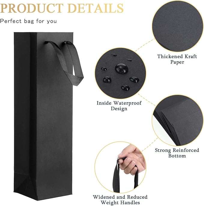 Fumete 50 Pack Wine Bottle Gift Bags Paper Wine Gift Bags Bulk 13.8x3.7x3.5 Wine Bags with Handles Appreciation Gifting Bags for Christmas Wedding Anniversary Birthday Party(Black, Navy Blue)