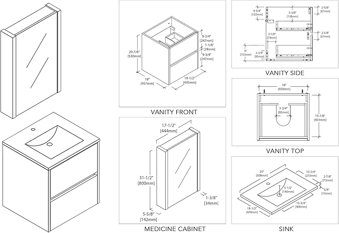 Blossom Valencia 20" Inches Single Bathroom Vanity, Wall Hung Bathroom Vanity with Ceramic Sink, Mirror Medicine Cabinet, All Wood Floating Bathroom Vanity Glossy White 016 20 01MC