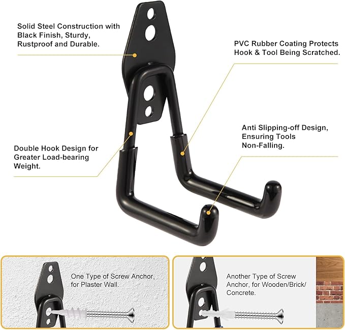 Steel Garage Hooks Wall Tool Organizer, 14 Pack Garage Storage Hook Heavy Duty Utility Storage Hangers Black for Ladders, Ropes, Garden Tools