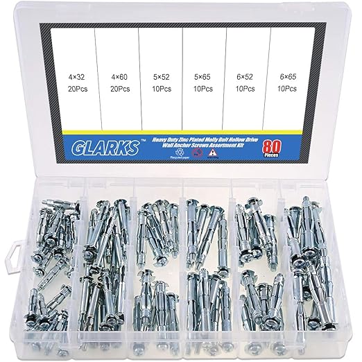 Glarks 80Pcs 6 Size Heavy Duty Zinc Plated Steel Molly Bolt Hollow Drive Wall Anchor Screws Assortment Kit for Drywall, Plaster and Tile