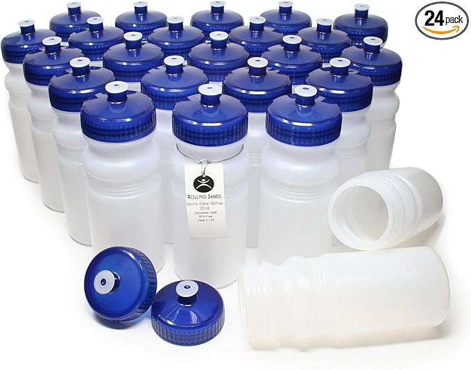 Rolling Sands 20 Ounce Sports Water Bottles 24 Pack, BPA-Free, Made in USA, Dishwasher Safe, Clear Frost Bottles/Navy Lids
