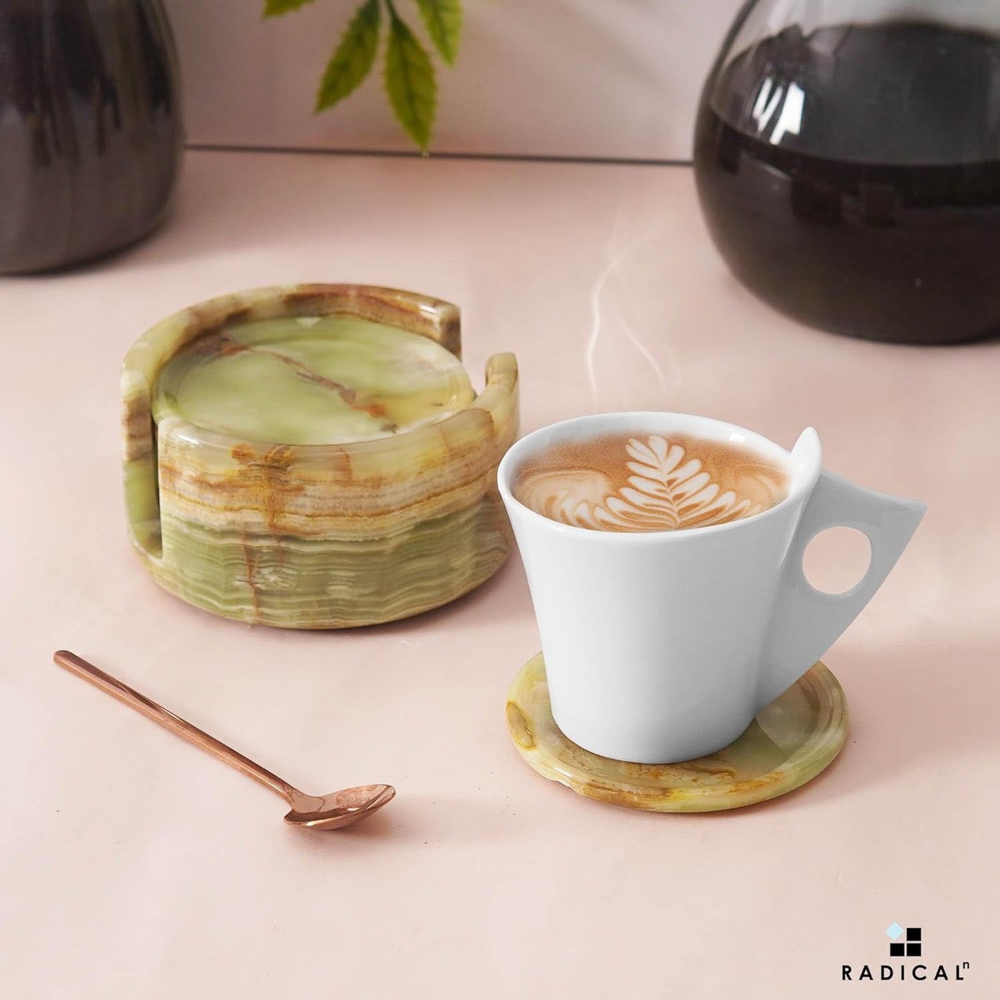 Marble Coasters Set of 6 Green Onyx 3.5 Inch Round Coaster for Drinks with Holder, Drink Coaster for Tabletop & Coffee Table Decor, Ideal Home Decor House Warming Gifts