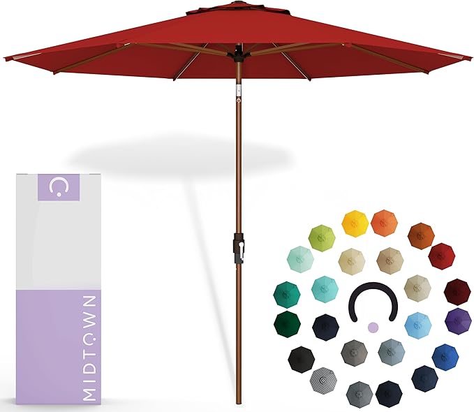 Midtown Umbrellas Sunbrella Umbrella Large Patio Umbrella 2-10 Feet in Sunbrella Red Fabric Auto-Tilt Aluminum Frame Backyard Umbrella, Deck Umbrella, Garden Umbrella & Porch Umbrella - Wooden Pole