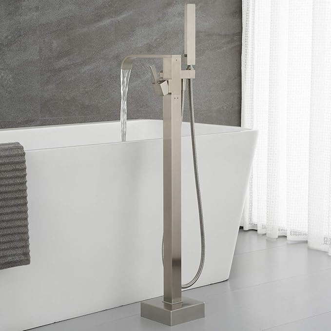 Freestanding Bathtub Faucet Tub Filler Brushed Nickel Floor Mount Faucets Brass Single Handle with Hand Shower
