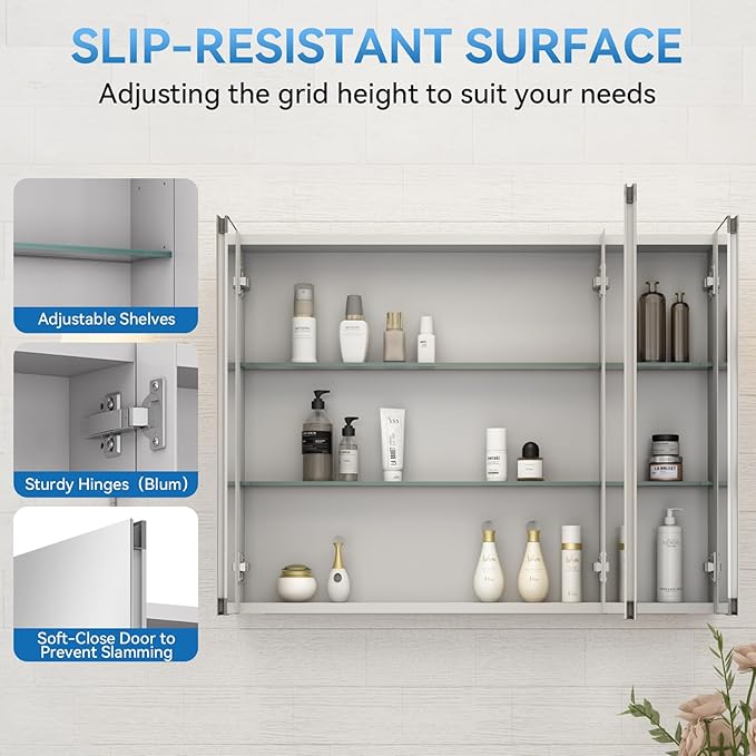 Sunrosa Aluminum Bathroom Medicine Cabinet with Mirror Door, 36"×27.5" Bathroom Mirror Cabinet,Wall-mountable and Recessed-in Mirror Cabinet, 2 Door Medicine Cabinet Organizer with Mirror