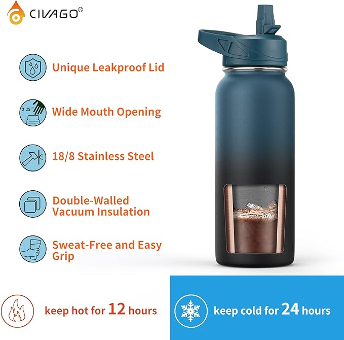 CIVAGO 40 oz Insulated Water Bottle With Straw, Stainless Steel Sports Water Flask Cup with 3 Lids (Straw, Portable Spout and Handle Lid), Double Walled Travel Thermal Canteen Mug, Light Blue