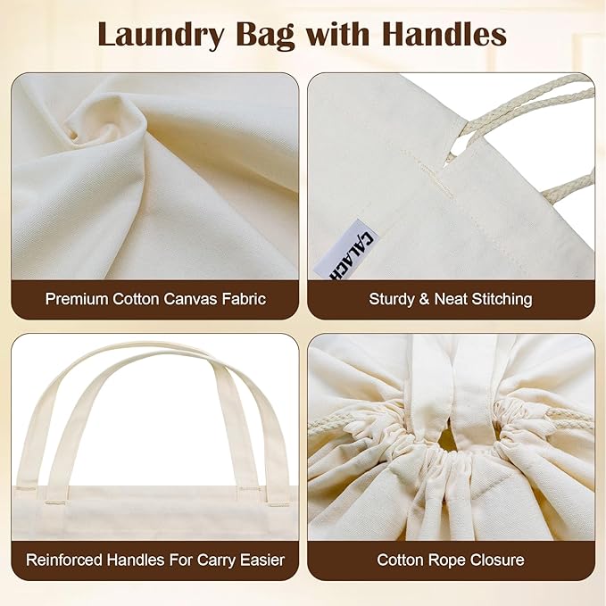 Canvas Laundry Bags 18x18in with Handles & Square Base, Extra Large Heavy Duty Laundry Basket Hamper Liner, Washable Drawstring Dirty Clothes Bag Canvas Storage Sack (Beige XL,1 Pack)