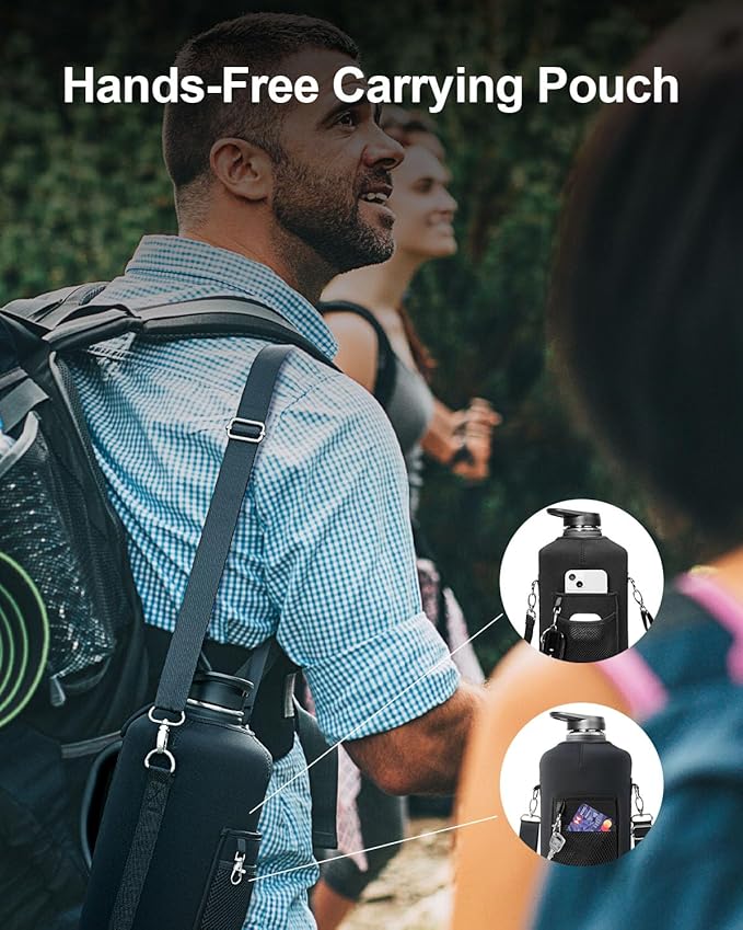 Trebo 128 oz Water Bottle Insulated with Handle, One Gallon Stainless Steel Metal Large Jug, Travel Flask with Straw Spout Lid, Mug Tumbler Cup with Carry Pouch, Keep Cold Hot, Black