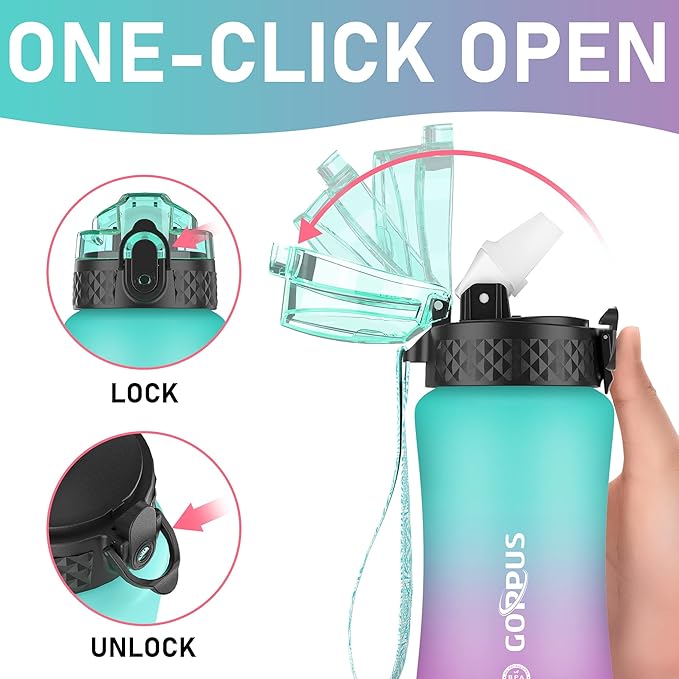 GOPPUS Kids Water Bottle with Straw Spout Lid 10pcs Stickers 12 oz Leak-proof BPA Free Motivational Time Marker Tritan Plastic Water Bottles for Girls Boys School Sports