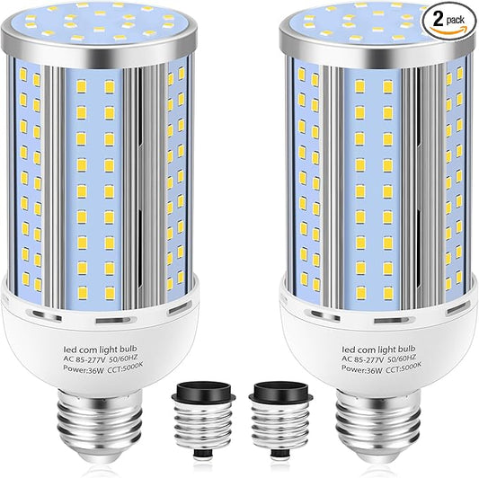 2 Pack 36W Corn LED Light Bulb Fanless,(320 Watt Equivalent) E26/E39 Medium/Large Mogul Base LED Cob Lamp 5000K Daylight 5,400LM for Outdoor Indoor Garage Warehouse Factory Workshop Street Backyard