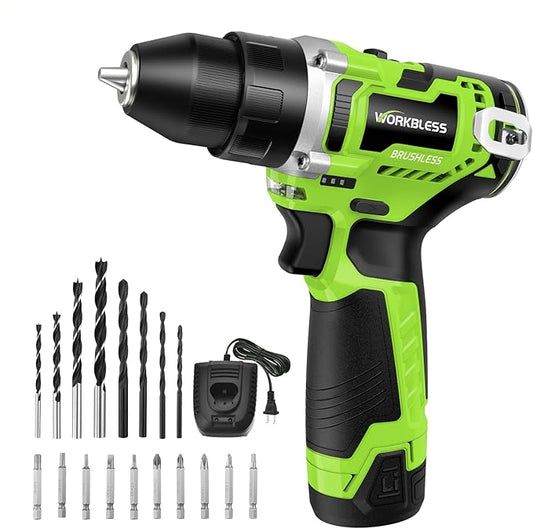 12V Brushless Power Drill, Cordless Drill with LCD Smart Display, 29+1 Torque Setting, 3/8 Inch Keyless Metal Chuck, 2.0Ah Battery, Fast Charger and 18Pcs Bits Included(Green)