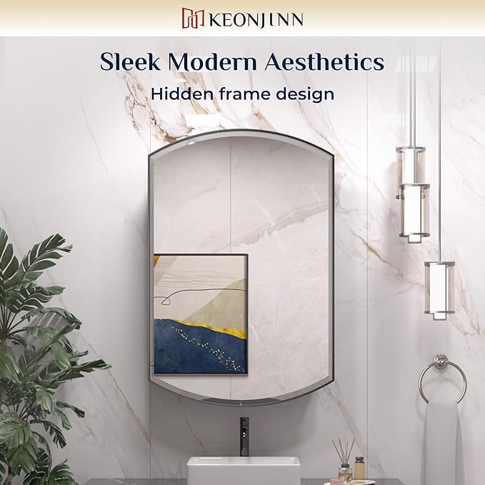 Keonjinn Black Medicine Cabinet with Mirror 20” x 30”, Metal Framed Wall Cabinet with Beveled Mirror, Surface Mount or Recessed Arched Medicine Cabinet for Bathroom,Bathroom Mirror with Storage