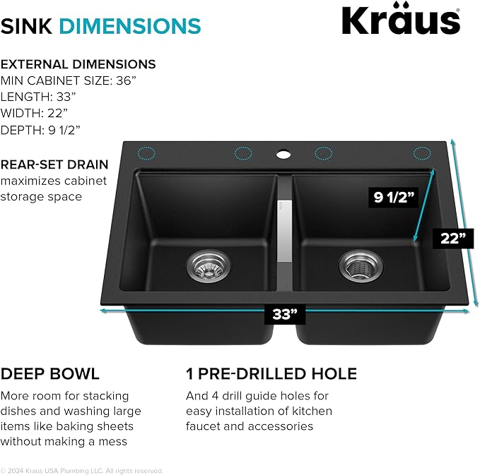 KRAUS Quarza 33-inch Drop-In/Undermount 50/50 Double Bowl Granite Kitchen Sink in Black Onyx, KGD-433B