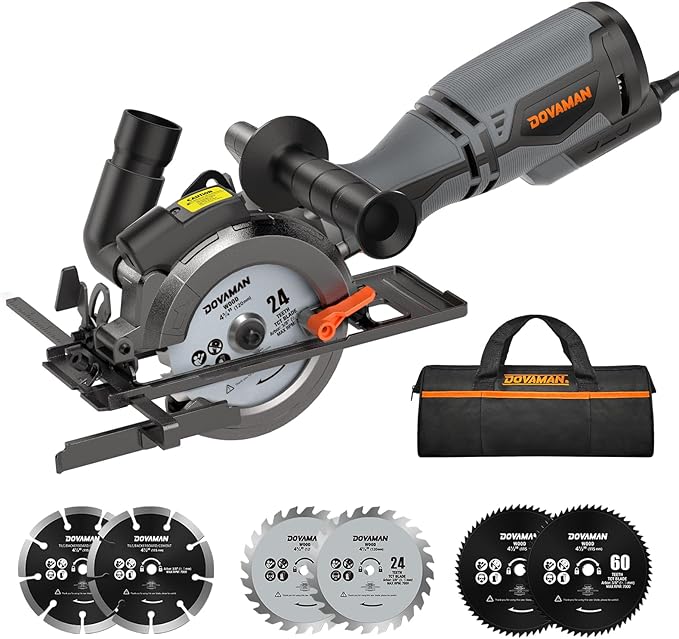 Circular Saw, 5.8A 4-1/2" Circular Saw w/Laser, Metal Auxiliary Handle, 6 Blades (4½", 4¾"), Cutting Depth 1-11/16" (90°), 1-3/8" (45°), Ideal for Wood, Soft Metal, Plastic, Tile - MCS01A