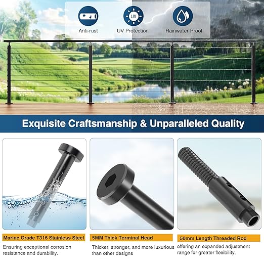 [Patent] Gyykzz 21Pack Black Swageless Invisible Cable Railing Kit, T316 Stainless Steel Reusable Fitting for 1/8" Cable, Screw-Locking Hardware No Crimping Required, Fit for 2"x2" Metal Railing Post