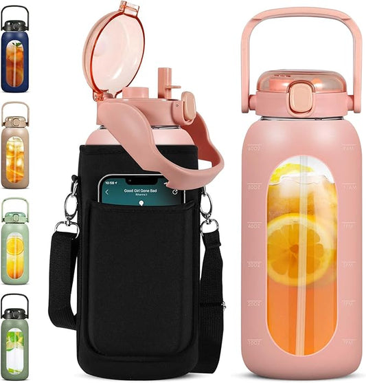Glass Water Bottles 64 oz - Large Half Gallon Motivational Glass Water Bottle with Time Marker Straw Phone Holder Handle, 64oz Daily Water Intake Jug with Silicone Sleeve for Office Work Gym Pink